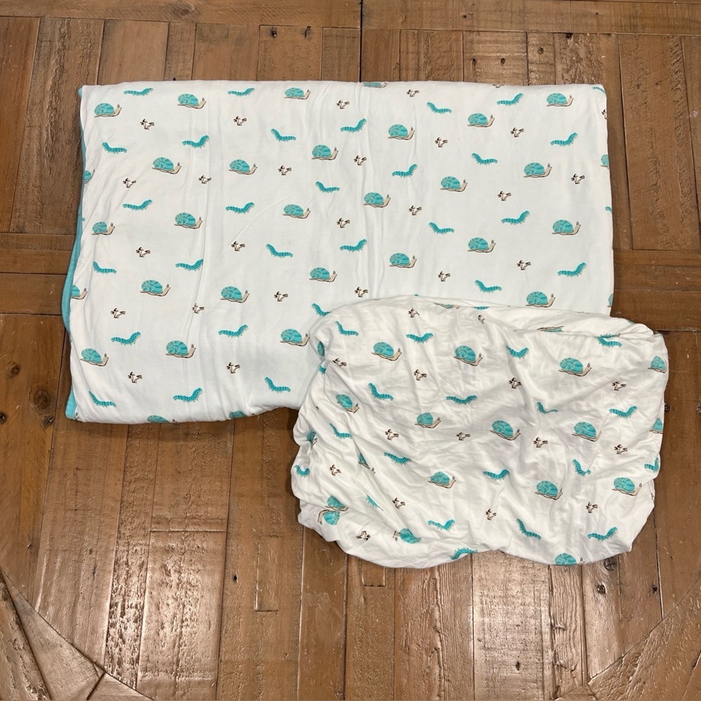 Kyte Baby Crawl Print Bamboo Toddler Blanket And Fitted Sheet Set Blue Snails